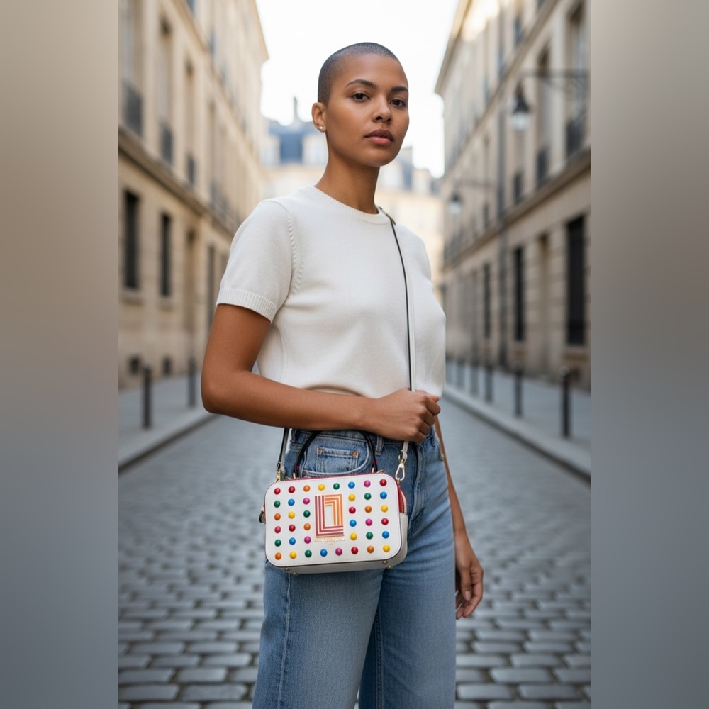 Karl Lagerfeld Paris Simone Crossbody Color block Rainbow dots purse camera bag